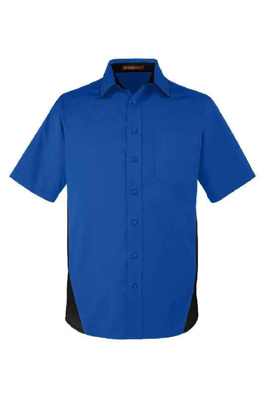 Harriton Mens Flash Colorblock Wrinkle Resistant Short Sleeve Button Down Shirt w/ Pocket - True Royal Blue/Black