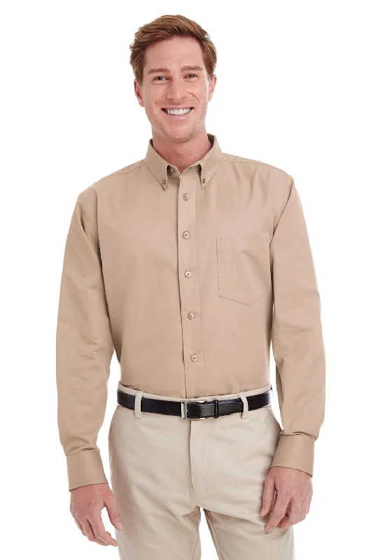 Harriton Mens Foundation Stain Resistant Long Sleeve Button Down Shirt w/ Pocket - Khaki - Closeout