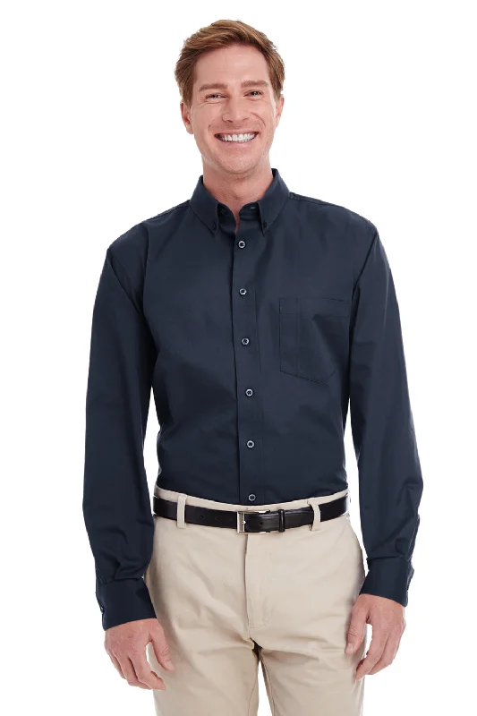 Harriton Mens Foundation Stain Resistant Long Sleeve Button Down Shirt w/ Pocket - Dark Navy Blue - Closeout