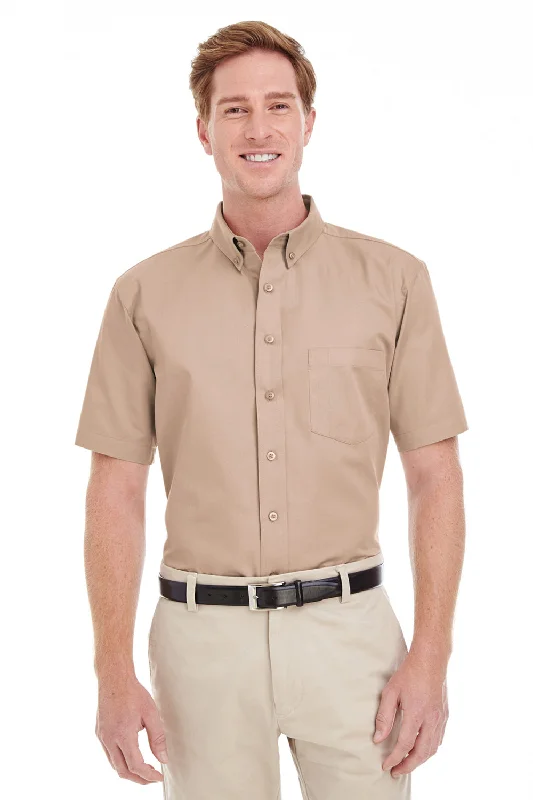 Harriton Mens Foundation Stain Resistant Short Sleeve Button Down Shirt w/ Pocket - Khaki - Closeout