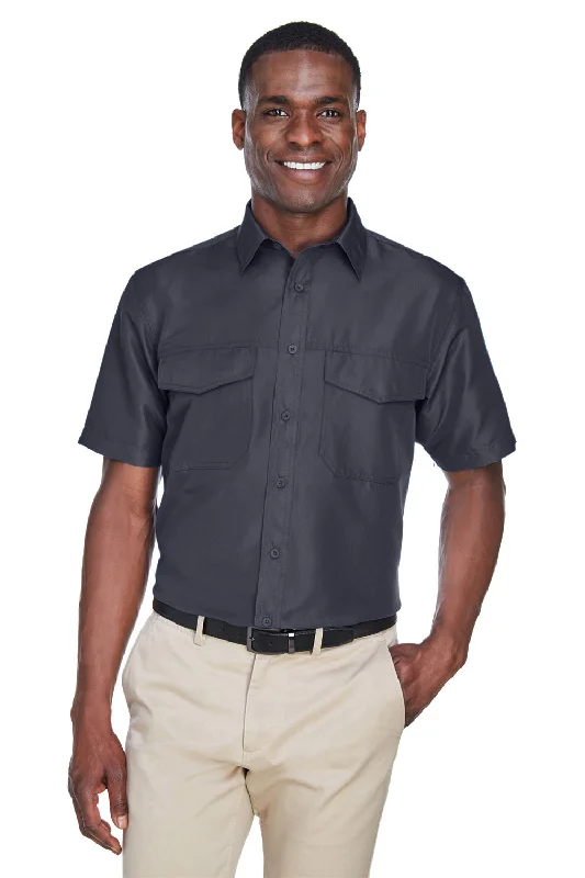 Harriton Mens Key West Performance Moisture Wicking Short Sleeve Button Down Shirt w/ Double Pockets - Dark Charcoal Grey