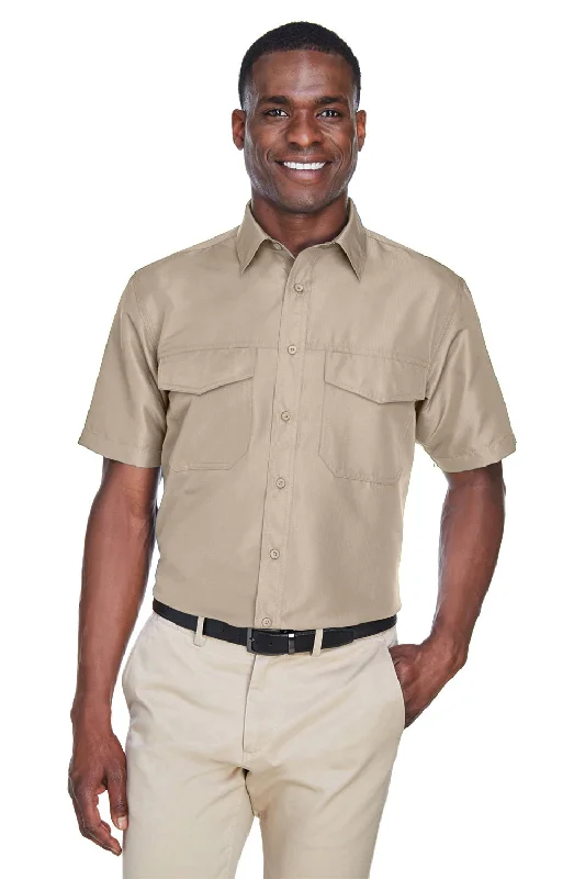 Harriton Mens Key West Performance Moisture Wicking Short Sleeve Button Down Shirt w/ Double Pockets - Khaki