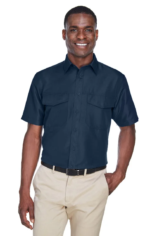 Harriton Mens Key West Performance Moisture Wicking Short Sleeve Button Down Shirt w/ Double Pockets - Navy Blue