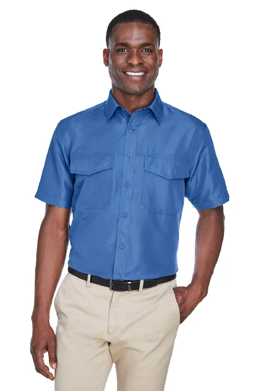 Harriton Mens Key West Performance Moisture Wicking Short Sleeve Button Down Shirt w/ Double Pockets - Pool Blue