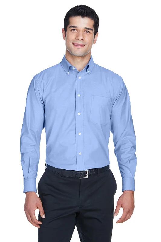 Harriton Mens Oxford Wrinkle Resistant Long Sleeve Button Down Shirt w/ Pocket - Light Blue