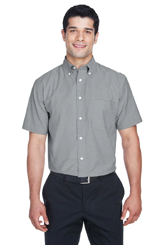 Harriton Mens Oxford Wrinkle Resistant Short Sleeve Button Down Shirt w/ Pocket - Oxford Grey