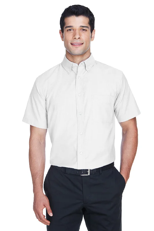 Harriton Mens Oxford Wrinkle Resistant Short Sleeve Button Down Shirt w/ Pocket - White