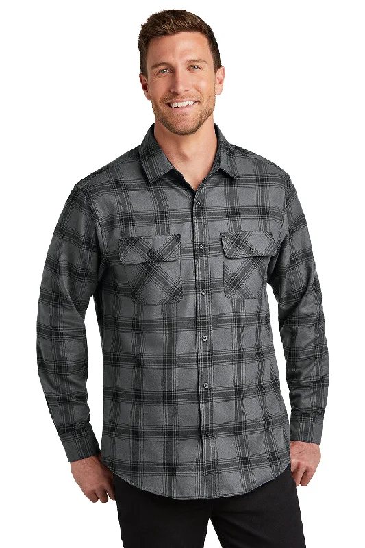 Port Authority Mens Flannel Long Sleeve Button Down Shirt w/ Double Pockets - Grey/Black Plaid