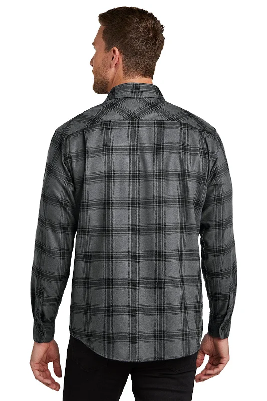 Port Authority Mens Flannel Long Sleeve Button Down Shirt w/ Double Pockets - Grey/Black Plaid