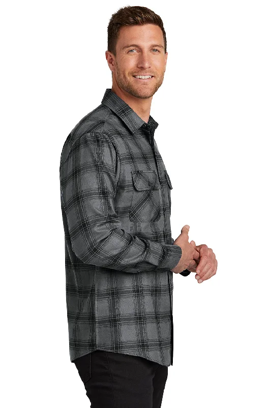 Port Authority Mens Flannel Long Sleeve Button Down Shirt w/ Double Pockets - Grey/Black Plaid