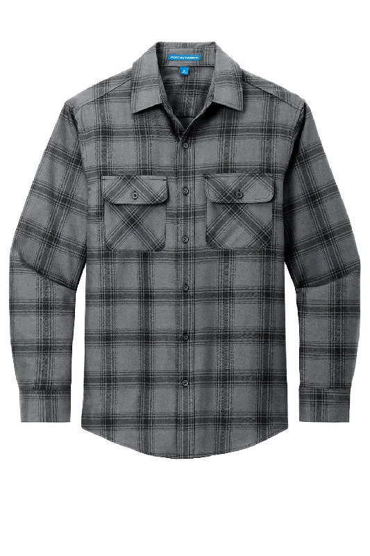 Port Authority Mens Flannel Long Sleeve Button Down Shirt w/ Double Pockets - Grey/Black Plaid