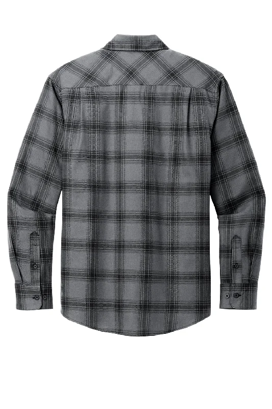 Port Authority Mens Flannel Long Sleeve Button Down Shirt w/ Double Pockets - Grey/Black Plaid