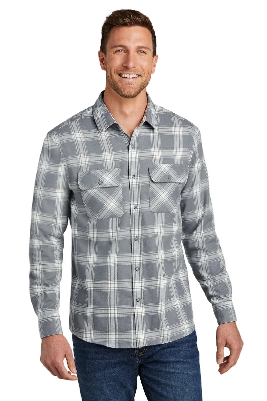 Port Authority Mens Flannel Long Sleeve Button Down Shirt w/ Double Pockets - Grey/Cream Plaid