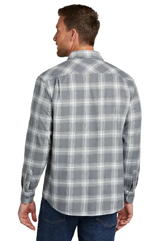 Port Authority Mens Flannel Long Sleeve Button Down Shirt w/ Double Pockets - Grey/Cream Plaid