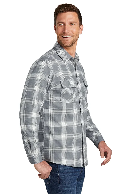 Port Authority Mens Flannel Long Sleeve Button Down Shirt w/ Double Pockets - Grey/Cream Plaid