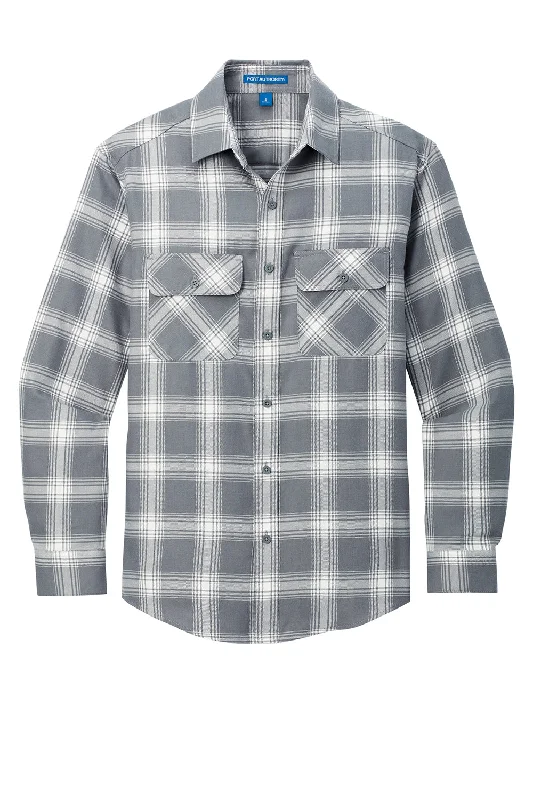 Port Authority Mens Flannel Long Sleeve Button Down Shirt w/ Double Pockets - Grey/Cream Plaid