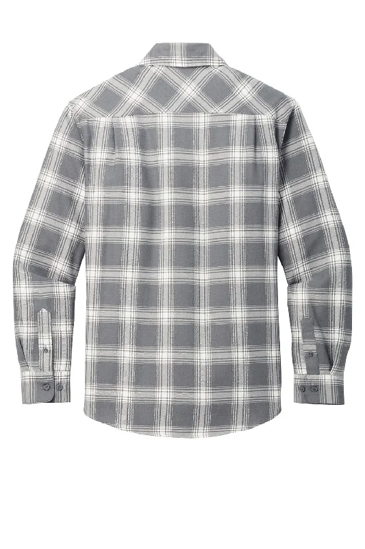 Port Authority Mens Flannel Long Sleeve Button Down Shirt w/ Double Pockets - Grey/Cream Plaid