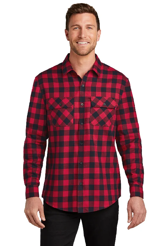 Port Authority Mens Flannel Long Sleeve Button Down Shirt w/ Double Pockets - Red/Black Buffalo