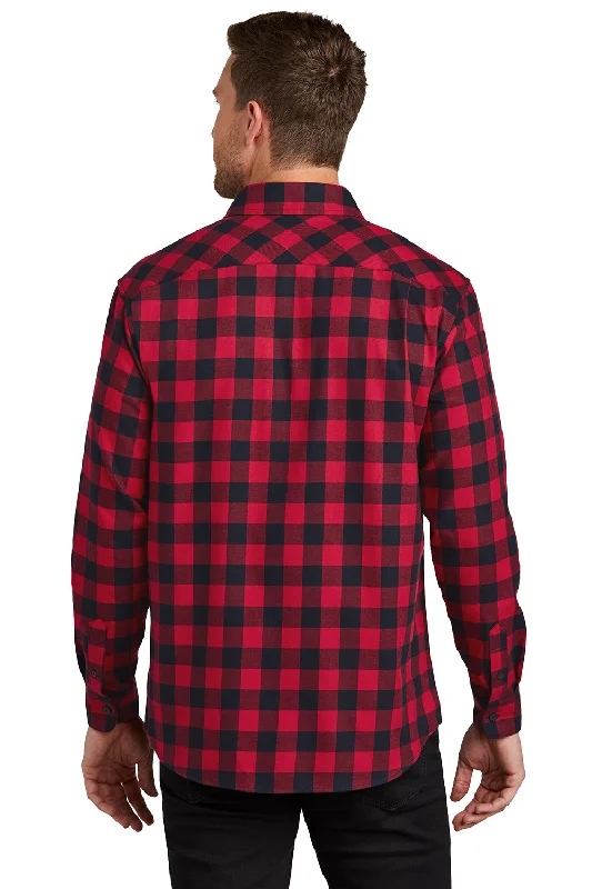 Port Authority Mens Flannel Long Sleeve Button Down Shirt w/ Double Pockets - Red/Black Buffalo