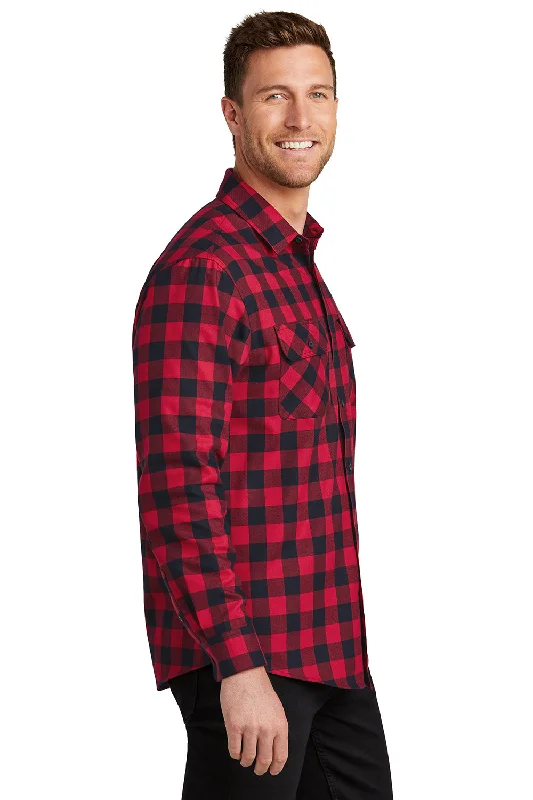 Port Authority Mens Flannel Long Sleeve Button Down Shirt w/ Double Pockets - Red/Black Buffalo