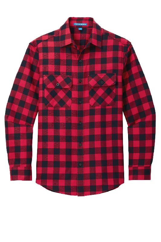 Port Authority Mens Flannel Long Sleeve Button Down Shirt w/ Double Pockets - Red/Black Buffalo