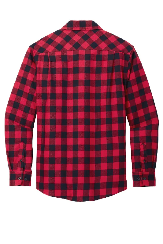 Port Authority Mens Flannel Long Sleeve Button Down Shirt w/ Double Pockets - Red/Black Buffalo