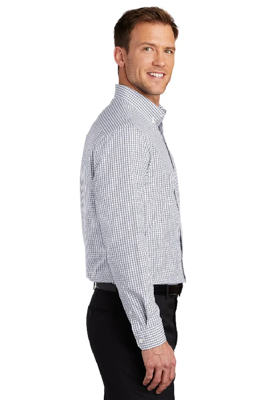 Port Authority Mens Broadcloth Gingham Wrinkle Resistant Long Sleeve Button Down Shirt w/ Pocket - Gusty Grey/White