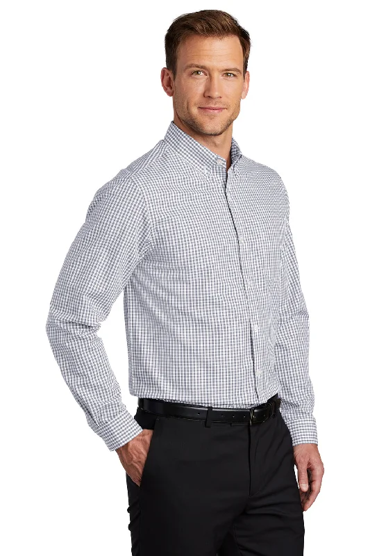 Port Authority Mens Broadcloth Gingham Wrinkle Resistant Long Sleeve Button Down Shirt w/ Pocket - Gusty Grey/White