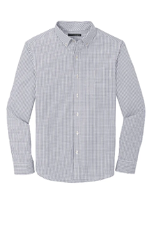 Port Authority Mens Broadcloth Gingham Wrinkle Resistant Long Sleeve Button Down Shirt w/ Pocket - Gusty Grey/White