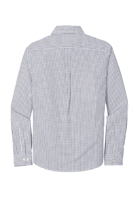 Port Authority Mens Broadcloth Gingham Wrinkle Resistant Long Sleeve Button Down Shirt w/ Pocket - Gusty Grey/White