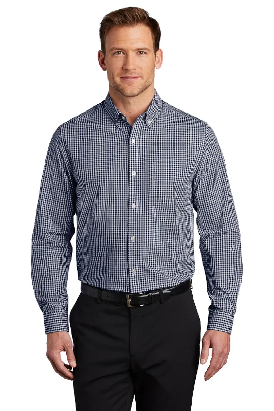 Port Authority Mens Broadcloth Gingham Wrinkle Resistant Long Sleeve Button Down Shirt w/ Pocket - True Navy Blue/White - Closeout