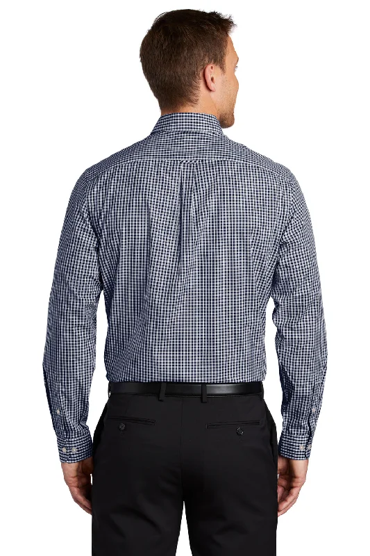 Port Authority Mens Broadcloth Gingham Wrinkle Resistant Long Sleeve Button Down Shirt w/ Pocket - True Navy Blue/White - Closeout