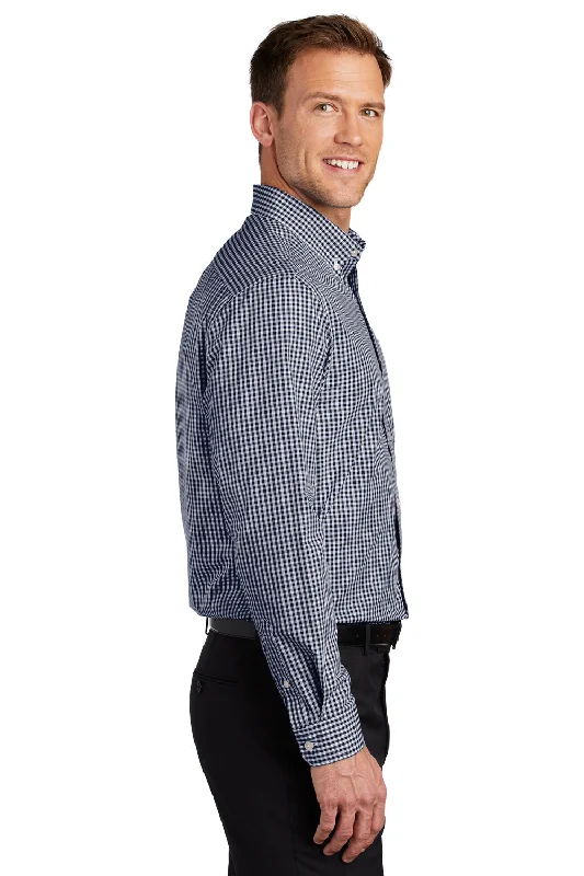 Port Authority Mens Broadcloth Gingham Wrinkle Resistant Long Sleeve Button Down Shirt w/ Pocket - True Navy Blue/White - Closeout