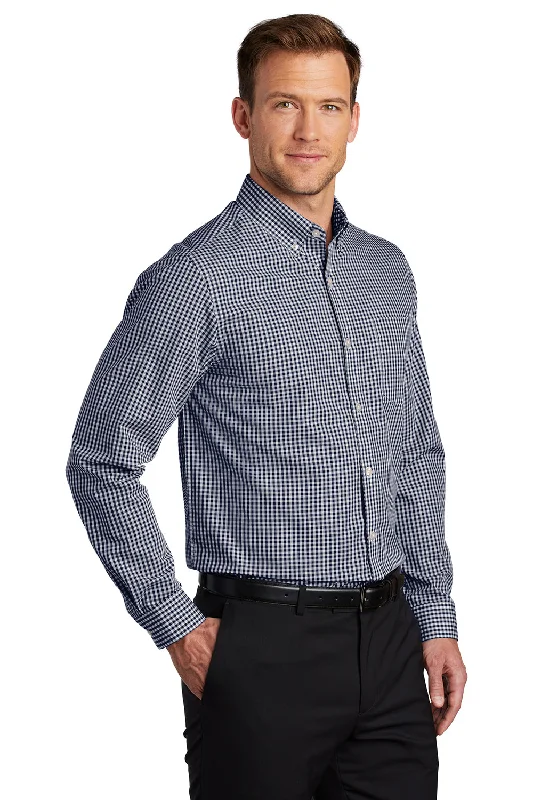 Port Authority Mens Broadcloth Gingham Wrinkle Resistant Long Sleeve Button Down Shirt w/ Pocket - True Navy Blue/White - Closeout