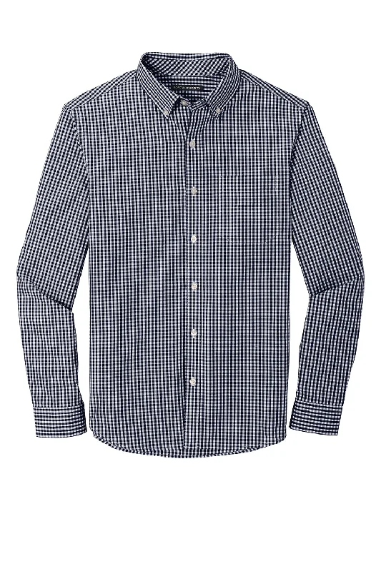 Port Authority Mens Broadcloth Gingham Wrinkle Resistant Long Sleeve Button Down Shirt w/ Pocket - True Navy Blue/White - Closeout