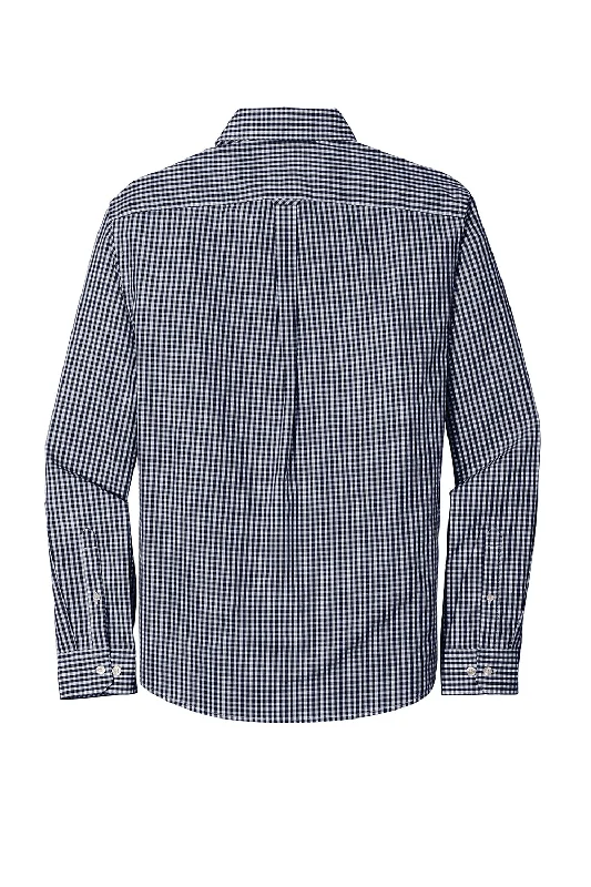 Port Authority Mens Broadcloth Gingham Wrinkle Resistant Long Sleeve Button Down Shirt w/ Pocket - True Navy Blue/White - Closeout