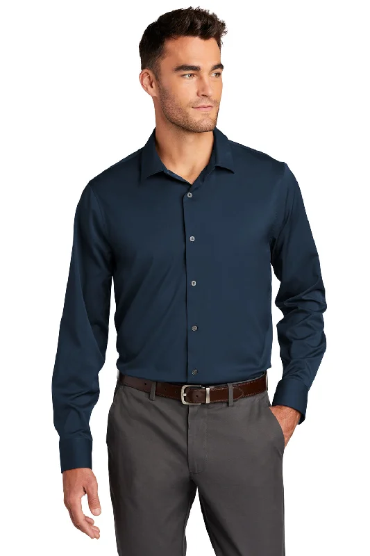 Port Authority Mens City Moisture Wicking Long Sleeve Button Down Shirt - River Navy Blue