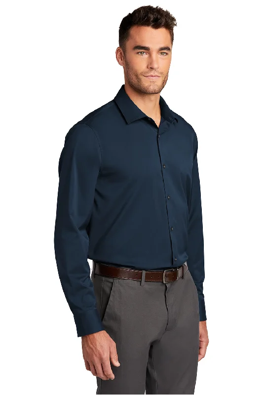 Port Authority Mens City Moisture Wicking Long Sleeve Button Down Shirt - River Navy Blue