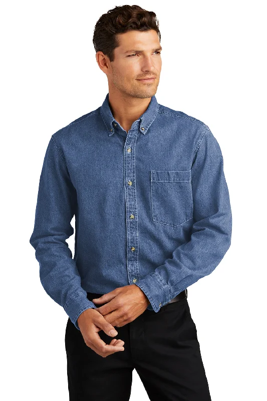 Port Authority Mens Denim Long Sleeve Button Down Shirt w/ Pocket - Dark Blue