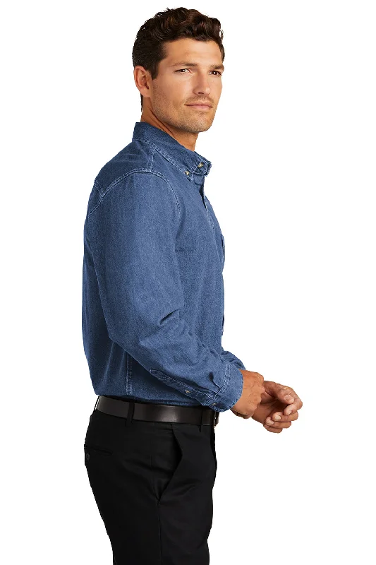 Port Authority Mens Denim Long Sleeve Button Down Shirt w/ Pocket - Dark Blue