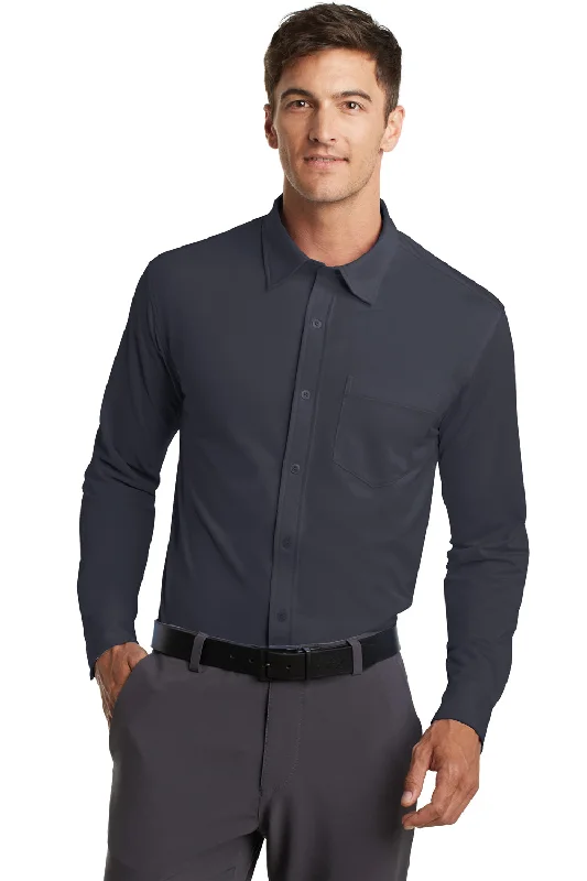 Port Authority Mens Dimension Moisture Wicking Long Sleeve Button Down Shirt w/ Pocket - Battleship Grey