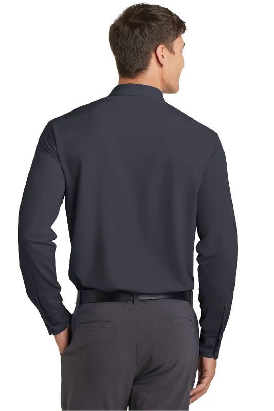 Port Authority Mens Dimension Moisture Wicking Long Sleeve Button Down Shirt w/ Pocket - Battleship Grey