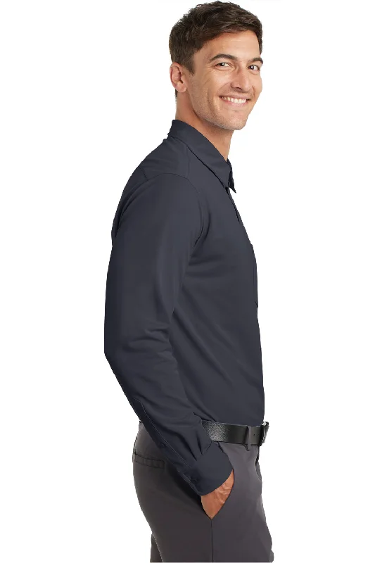 Port Authority Mens Dimension Moisture Wicking Long Sleeve Button Down Shirt w/ Pocket - Battleship Grey