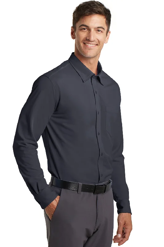 Port Authority Mens Dimension Moisture Wicking Long Sleeve Button Down Shirt w/ Pocket - Battleship Grey