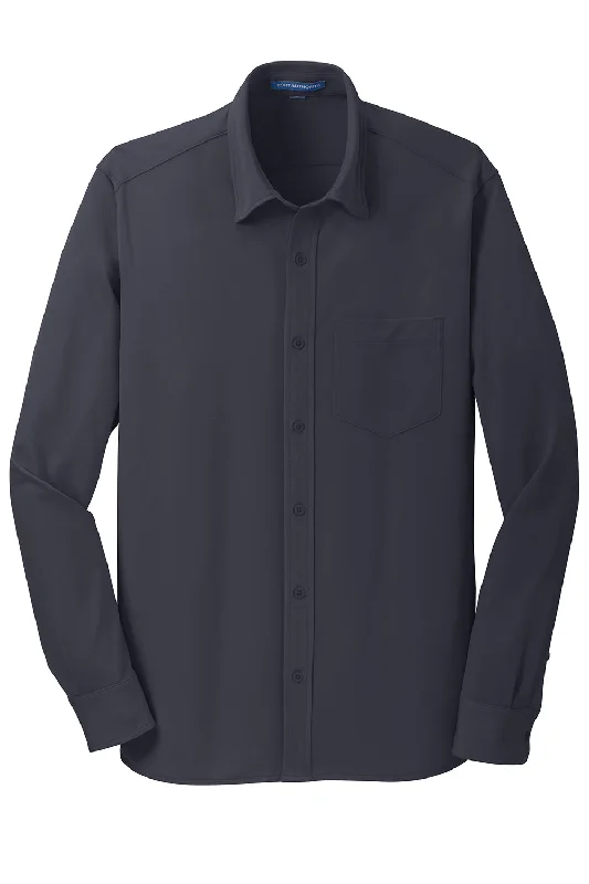 Port Authority Mens Dimension Moisture Wicking Long Sleeve Button Down Shirt w/ Pocket - Battleship Grey