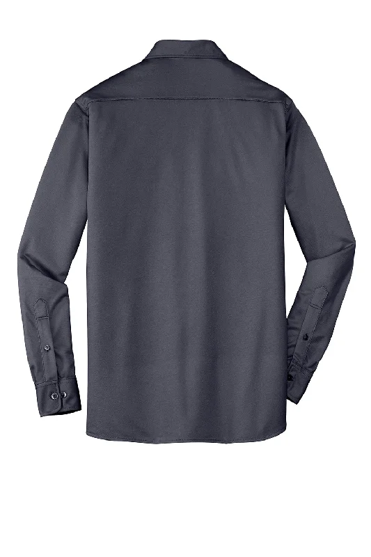 Port Authority Mens Dimension Moisture Wicking Long Sleeve Button Down Shirt w/ Pocket - Battleship Grey