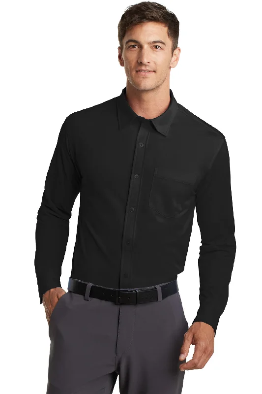 Port Authority Mens Dimension Moisture Wicking Long Sleeve Button Down Shirt w/ Pocket - Black