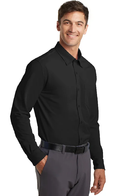 Port Authority Mens Dimension Moisture Wicking Long Sleeve Button Down Shirt w/ Pocket - Black