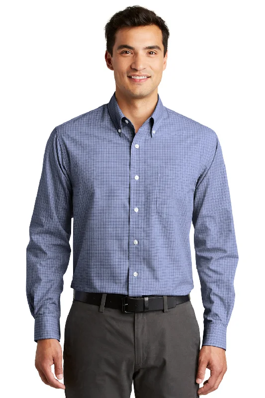 Port Authority Mens Easy Care Wrinkle Resistant Long Sleeve Button Down Shirt w/ Pocket - Navy Blue