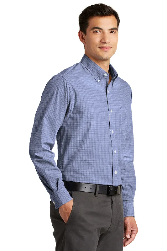 Port Authority Mens Easy Care Wrinkle Resistant Long Sleeve Button Down Shirt w/ Pocket - Navy Blue